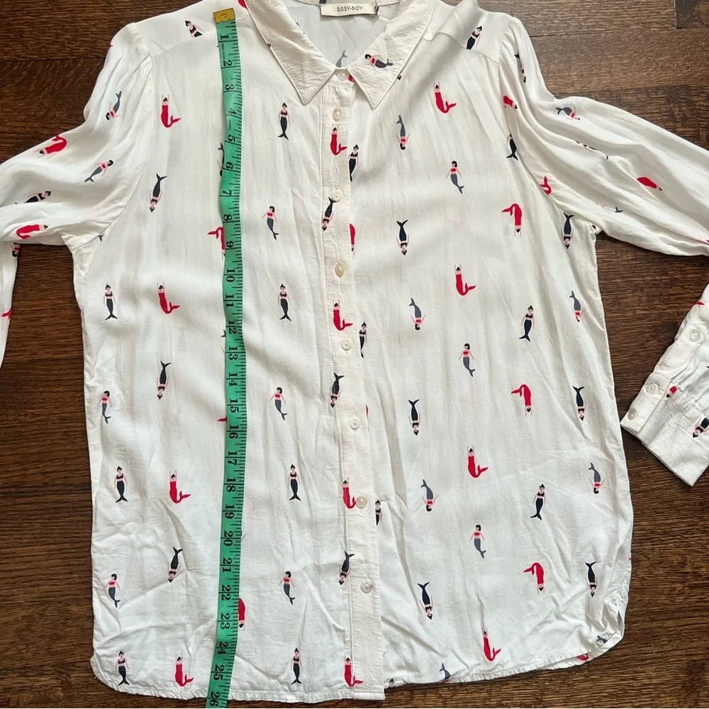Sissy boy size small white collared mermaid print blouse - Picture 8 of 10